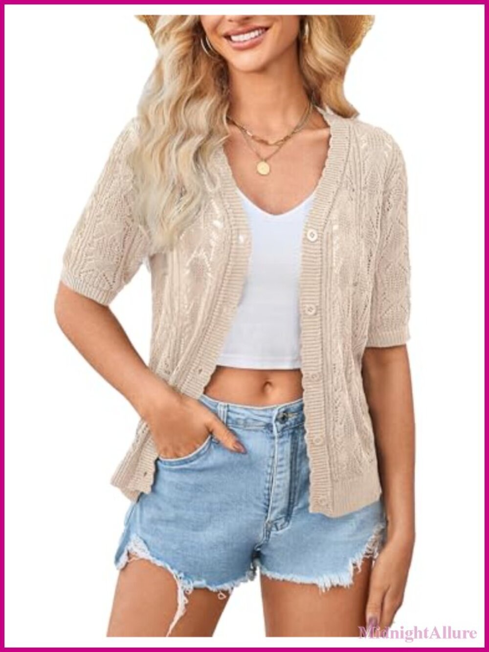 Short Sleeve Crochet Cardigan Cropped Button Sweater Lightweight Shrug for Dress